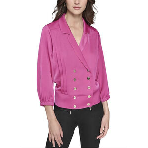 Karl Lagerfeld Paris Women Double Breasted Satin Top French Fuschia Size M